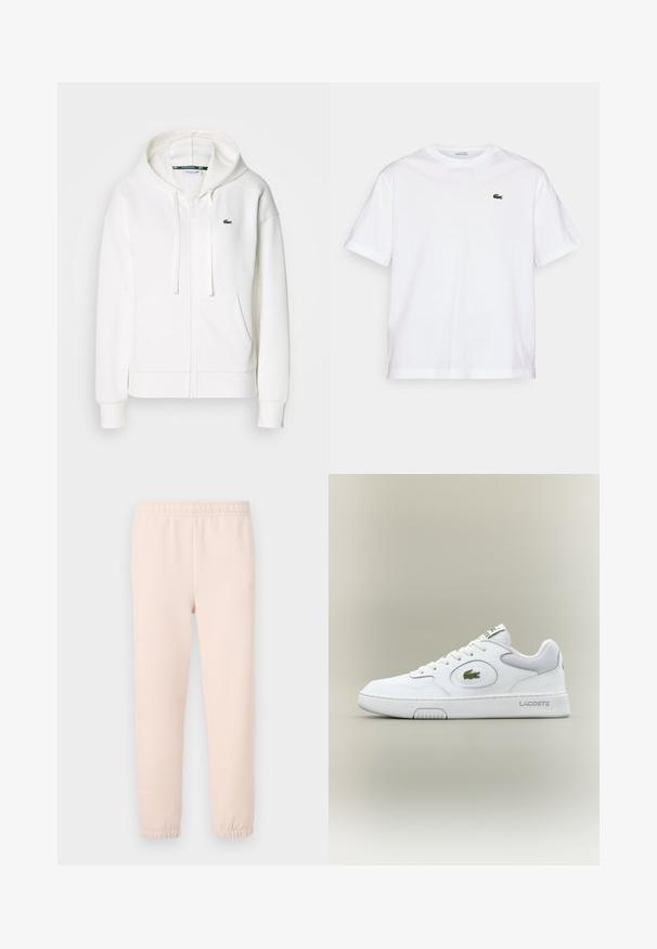 White zip-up hoodie made of soft fabric, featuring a hood, kangaroo pockets, and a small green Lacoste logo on the left chest.; White cotton T-shirt with a round neckline and short sleeves. Features a green embroidered logo on the chest. Soft texture, relaxed fit.; Light pink sweatpants with an elastic waistband and gathered cuffs, made from soft cotton blend fabric with a smooth texture.; White leather sneaker with mesh accents, round toe, and flat laces. Features a green crocodile logo and "LACOSTE" branding on the heel.