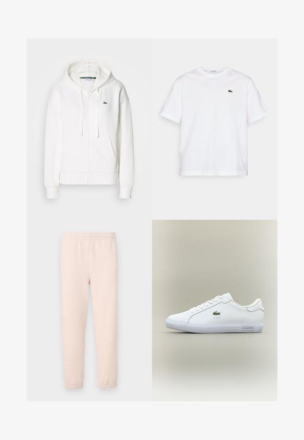 Biely zipsový mikina vyrobená z mäkkej tkaniny, s kapucňou, klokankovými vreckami a malým zeleným logom Lacoste na ľavej hrudi.; Biela bavlnená tričko s okrúhlym výstrihom a krátkymi rukávmi. Obsahuje zelené vyšívané logo na hrudi. Mäkka textúra, voľný strih.; Svetloružové tepláky s elastickým pásom a zúženými manžetami, vyrobené z mäkkej zmesi bavlny s hladkou štruktúrou.; Biele nízke tenisky s bielymi šnúrkami, zeleným krokodílim logom na boku a štítkom "Lacoste" na podrážke na neutrálne pozadí.
