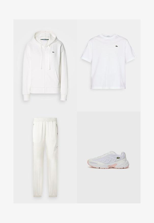 White zip-up hoodie made of soft fabric, featuring a hood, kangaroo pockets, and a small green Lacoste logo on the left chest.; White cotton T-shirt with a round neckline and short sleeves. Features a green embroidered logo on the chest. Soft texture, relaxed fit.; Light cream joggers with elastic waistband, tapered cuffs, side pockets, and zippered accents. Smooth, slightly shiny fabric finish.; White athletic shoes with a textured mesh upper, subtle pink accents on the sole, and a green crocodile logo on the side.
