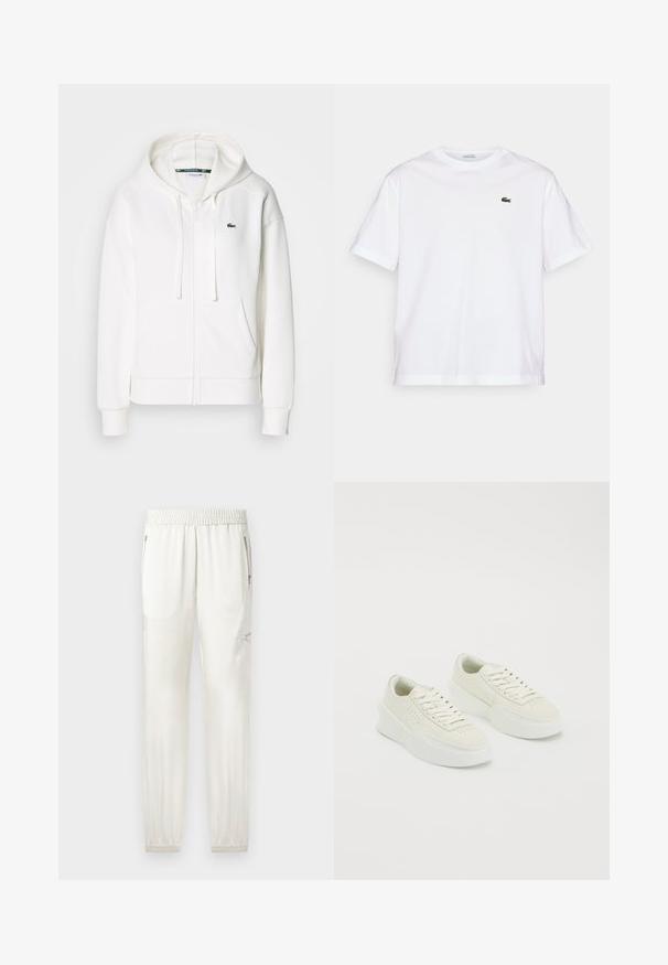 Weißer Reißverschluss-Hoodie aus weichem Stoff, mit Kapuze, Kängurutaschen und einem kleinen grünen Lacoste-Logo auf der linken Brust.; Weißes Baumwoll-T-Shirt mit rundem Halsausschnitt und kurzen Ärmeln. Mit grün gesticktem Logo auf der Brust. Weiche Textur, lässige Passform.; Helle Creme Jogginghosen mit elastischem Bund, schmal zulaufenden Bündchen, Seitentaschen und Reißverschlussakzenten. Glatte, leicht glänzende Stoffoberfläche.; Weiße Low-Top-Sneaker mit dicken Sohlen und Schnürsenkeln, versehen mit durchbrochenen Details an den Seiten und im Zehenbereich, auf einem weißen Hintergrund präsentiert.