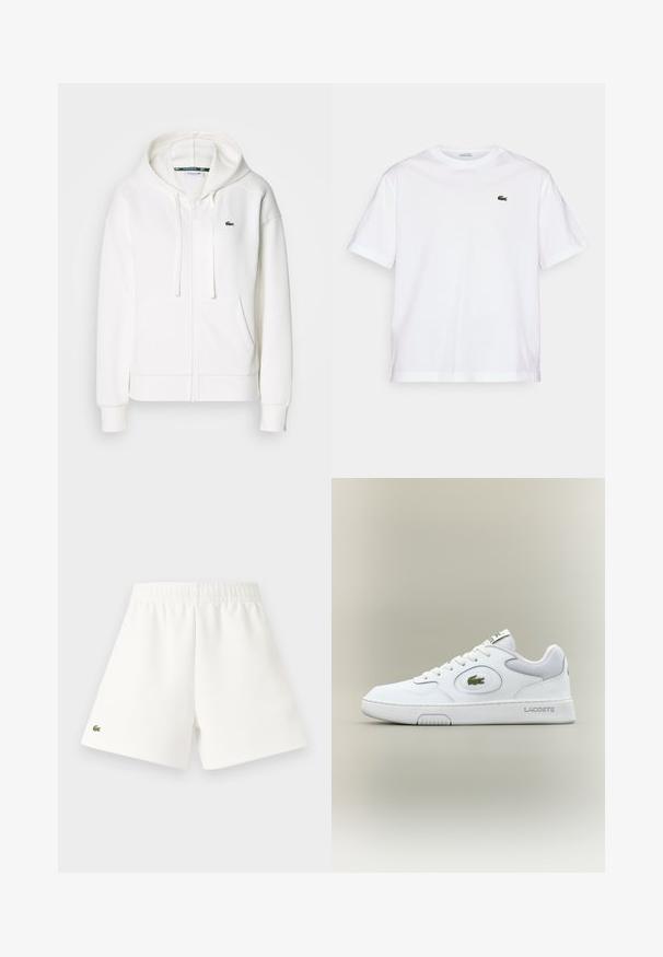 Balta užtrauktuku uždaroma hoodie pagaminta iš minkštos medžiagos, su kapišonu, kengūros kišenėmis ir mažuoju žaliuoju Lacoste logotipu kairėje krūtinės pusėje.; Balta medvilninė marškinė su apvalia iškirpte ir trumpomis rankovėmis. Pirmoje pusėje priklijuotas žalias siuvinėtas logotipas. Minkšta tekstūra, laisvas siluetas.; Balti medvilniniai šortai su elastine juosta, ant kairiojo klešnės matosi mažas žalias Lacoste logotipas. Lygus paviršius, tiesus kirpimas.; Balti odiniai sportbačiai su tinkliniu akcentu, apvaliu nosiu ir plokščiomis raištelėmis. Ant kulno yra žalias krokodilo logotipas ir "LACOSTE" prekės ženklas.
