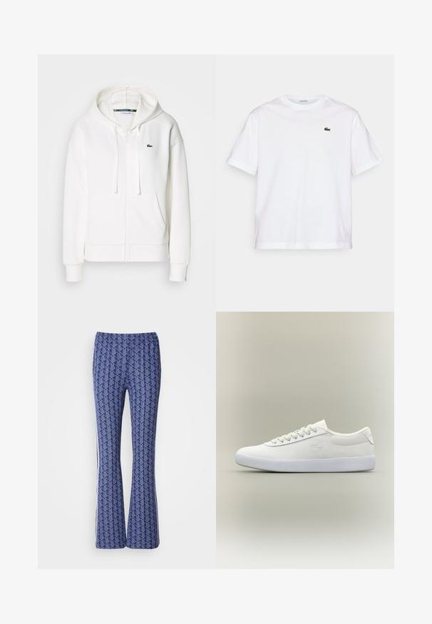 Witte zip-up hoodie gemaakt van zachte stof, met een capuchon, kangoeroezakken en een klein groen Lacoste-logo op de linkerborst.; Witte katoenen T-shirt met een ronde hals en korte mouwen. Bevat een groen geborduurd logo op de borst. Zachte textuur, losse pasvorm.; Blauwe, gepatineerde broek met een geometrisch ontwerp, elastische tailleband en witte strepen aan de zijkanten. Glad oppervlak overal.; Lage witte leren sneaker met witte veters en een getextureerde witte zool, weergegeven in profiel tegen een eenvoudige neutrale achtergrond.