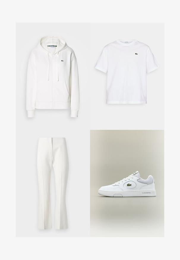 Balta užtrauktuku uždaroma hoodie pagaminta iš minkštos medžiagos, su kapišonu, kengūros kišenėmis ir mažuoju žaliuoju Lacoste logotipu kairėje krūtinės pusėje.; Balta medvilninė marškinė su apvalia iškirpte ir trumpomis rankovėmis. Pirmoje pusėje priklijuotas žalias siuvinėtas logotipas. Minkšta tekstūra, laisvas siluetas.; Balti pritaikyti kelnes su platėjančiu apačiu, su lygiu priekiu, be kišenių ir sklandžia audinio texture.; Balti odiniai sportbačiai su tinkliniu akcentu, apvaliu nosiu ir plokščiomis raištelėmis. Ant kulno yra žalias krokodilo logotipas ir "LACOSTE" prekės ženklas.