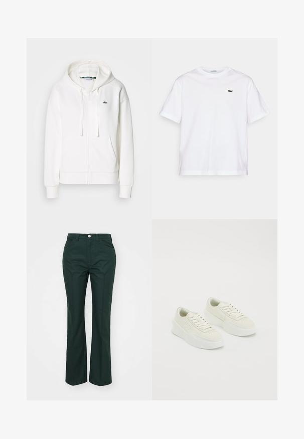 Sweatshirt branca com fecho éclair, feita de um tecido macio, com capuz, bolsos tipo canguru e um pequeno logótipo verde da Lacoste no lado esquerdo do peito.; T-shirt de algodão branco com decote redondo e mangas curtas. Apresenta um logotipo bordado verde no peito. Textura suave, ajuste relaxado.; Calças verdes, largas, feitas de um tecido liso e estruturado. Apresenta um fecho frontal com botão, passantes para cinto e dois bolsos laterais.; Sapatilhas brancas de cano baixo com solas grossas e atacadores, apresentando detalhes perfurados nas laterais e na área do dedo do pé, exibidas sobre um fundo branco.