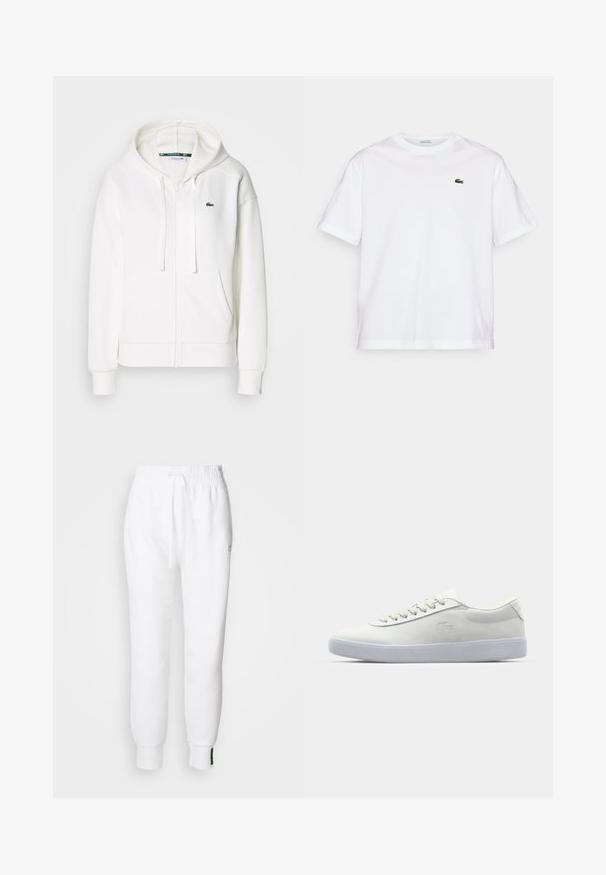 Hvit zip-genser laget av myk stoff, med hette, kenguru-lommer og en liten grønn Lacoste-logo på venstre bryst.; Hvit bomull T-skjorte med rund hals og korte ermer. Har en grønn brodert logo på brystet. Myk tekstur, avslappet passform.; Hvite joggebukser med elastisk midje og snøring, med sidelommer og ribbestrikkede mansjetter. Mykt stoff med brodert logo detalj.; Lacoste hvit sneakers med glatt læroverdel, flate lisser, polstret krage og en teksturert gummisåle. Diskret logo på siden.
