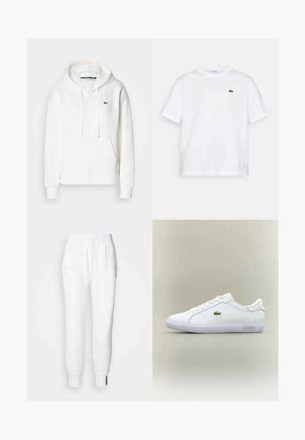 Biely zipsový mikina vyrobená z mäkkej tkaniny, s kapucňou, klokankovými vreckami a malým zeleným logom Lacoste na ľavej hrudi.; Biela bavlnená tričko s okrúhlym výstrihom a krátkymi rukávmi. Obsahuje zelené vyšívané logo na hrudi. Mäkka textúra, voľný strih.; Biele jogger nohavice s elastickým pásom a šnúrkou, so bočnými vreckami a rebrovanými manžetami. Mäkká tkanina s vyšívaným logom.; Biele nízke tenisky s bielymi šnúrkami, zeleným krokodílim logom na boku a štítkom "Lacoste" na podrážke na neutrálne pozadí.