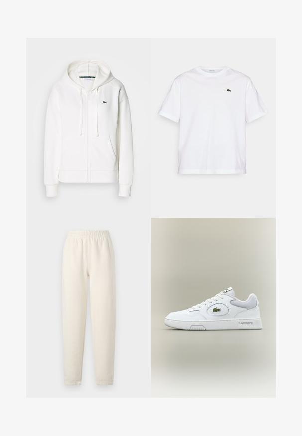 Witte zip-up hoodie gemaakt van zachte stof, met een capuchon, kangoeroezakken en een klein groen Lacoste-logo op de linkerborst.; Witte katoenen T-shirt met een ronde hals en korte mouwen. Bevat een groen geborduurd logo op de borst. Zachte textuur, losse pasvorm.; Crème-kleurige sweatpants gemaakt van zachte stof. Bevat een elastische tailleband en een taps toelopend ontwerp met subtiele stikdetails.; Witte leren sneaker met gaasaccenten, ronde neus en platte veters. Kenmerkt zich door een groen krokodillenlogo en "LACOSTE" branding op de hiel.