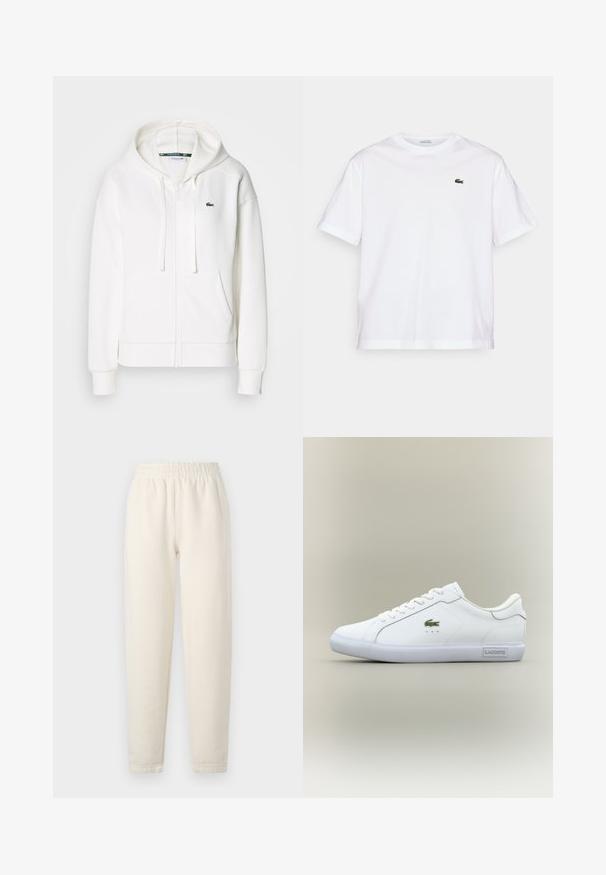 Sudadera blanca con cremallera hecha de tela suave, que cuenta con una capucha, bolsillos tipo canguro y un pequeño logo verde de Lacoste en el lado izquierdo del pecho.; Camiseta de algodón blanca con cuello redondo y mangas cortas. Presenta un logotipo bordado en verde en el pecho. Tejido suave, corte relajado.; Pantalones de chándal de color crema hechos de una tela suave. Cuentan con una cinturilla elástica y un diseño de perneras ajustadas con detalles de costura sutiles.; Zapatilla baja blanca con cordones blancos, logo de cocodrilo verde en el lateral y etiqueta "Lacoste" en la suela, sobre un fondo neutro.