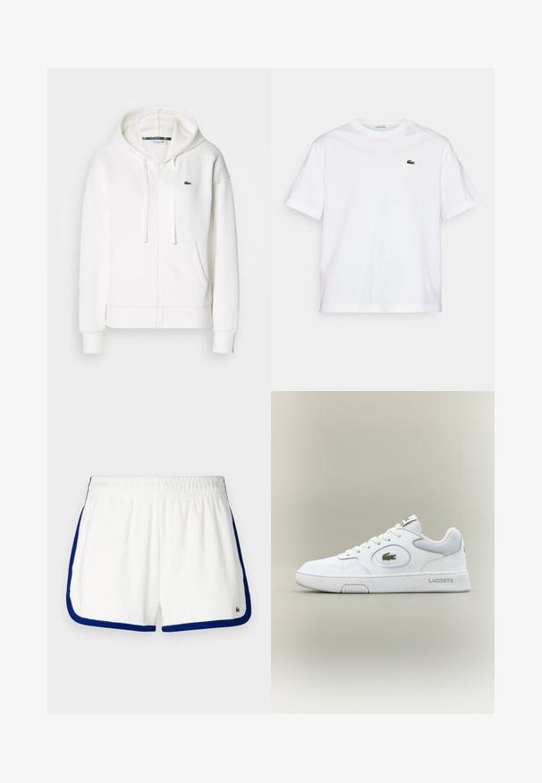 Sudadera blanca con cremallera hecha de tela suave, que cuenta con una capucha, bolsillos tipo canguro y un pequeño logo verde de Lacoste en el lado izquierdo del pecho.; Camiseta de algodón blanca con cuello redondo y mangas cortas. Presenta un logotipo bordado en verde en el pecho. Tejido suave, corte relajado.; Bermudas de toalla blanca con detalles en azul marino, cinturilla elástica y dobladillos redondeados. Presenta un logo en la parte inferior derecha.; Zapatilla blanca de cuero con detalles de malla, punta redonda y cordones planos. Presenta un logo de cocodrilo verde y la marca "LACOSTE" en el talón.