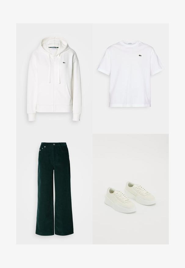 Sweatshirt branca com fecho éclair, feita de um tecido macio, com capuz, bolsos tipo canguru e um pequeno logótipo verde da Lacoste no lado esquerdo do peito.; T-shirt de algodão branco com decote redondo e mangas curtas. Apresenta um logotipo bordado verde no peito. Textura suave, ajuste relaxado.; Calças de brim de perna larga em verde escuro, apresentando uma superfície texturizada, bolsos frontais e fecho com botão de metal. Sem adornos visíveis.; Sapatilhas brancas de cano baixo com solas grossas e atacadores, apresentando detalhes perfurados nas laterais e na área do dedo do pé, exibidas sobre um fundo branco.