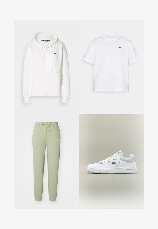 Λευκή φούτερ ζακέτα με μαλακό ύφασμα, διαθέτει κουκούλα, τσέπες καγκουρό και ένα μικρό πράσινο λογότυπο Lacoste στο αριστερό στήθος.; Λευκό βαμβακερό T-shirt με στρογγυλή λαιμόκοψη και κοντά μανίκια. Διαθέτει ένα πράσινο κεντημένο λογότυπο στο στήθος. Μαλακή υφή, άνετη εφαρμογή.; Ανοιχτοπράσινα φόρμες με ελαστικές μανσέτες και ζώνη με κορδόνια. Περιέχει ένα μικρό ανάγλυφο λογότυπο σε χρυσό στο πλάι.; Λευκό δερμάτινο αθλητικό παπούτσι με πλέγμα, στρογγυλή μύτη και επίπεδες κορδόνες. Διαθέτει πράσινο λογότυπο κροκοδείλου και σήμα "LACOSTE" στη φτέρνα.