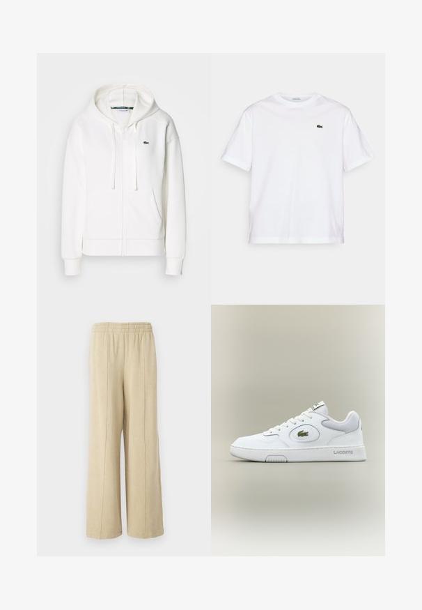 Witte zip-up hoodie gemaakt van zachte stof, met een capuchon, kangoeroezakken en een klein groen Lacoste-logo op de linkerborst.; Witte katoenen T-shirt met een ronde hals en korte mouwen. Bevat een groen geborduurd logo op de borst. Zachte textuur, losse pasvorm.; Beige wijde broek met een elastische tailleband en zichtbare zijkanten. Gemaakt van zachte stof met een gladde textuur.; Witte leren sneaker met gaasaccenten, ronde neus en platte veters. Kenmerkt zich door een groen krokodillenlogo en "LACOSTE" branding op de hiel.