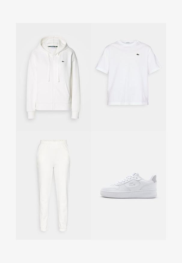 Biely zipsový mikina vyrobená z mäkkej tkaniny, s kapucňou, klokankovými vreckami a malým zeleným logom Lacoste na ľavej hrudi.; Biela bavlnená tričko s okrúhlym výstrihom a krátkymi rukávmi. Obsahuje zelené vyšívané logo na hrudi. Mäkka textúra, voľný strih.; Biele zúžené tepláky s elastickým pásom a manžetami, s bočnými vreckami, vystavené na jednoduchom pozadí.; Biele atletické tenisky s hladkým koženým svrškom, okrúlym špičkou a šnurovaním. Obsahujú embosované logo a šedý akcent na päte. Rovná gumová podrážka.