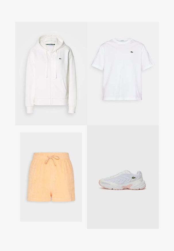 Weißer Reißverschluss-Hoodie aus weichem Stoff, mit Kapuze, Kängurutaschen und einem kleinen grünen Lacoste-Logo auf der linken Brust.; Weißes Baumwoll-T-Shirt mit rundem Halsausschnitt und kurzen Ärmeln. Mit grün gesticktem Logo auf der Brust. Weiche Textur, lässige Passform.; Pfirsichfarbene Frottee-Shorts mit elastischem Bund und Kordelzug. Sie zeichnen sich durch eine weiche Textur und eine lockere Passform aus.; Weiße Sportschuhe mit einem strukturierten Mesh-Obermaterial, dezenten rosa Akzenten an der Sohle und einem grünen Krokodil-Logo an der Seite.
