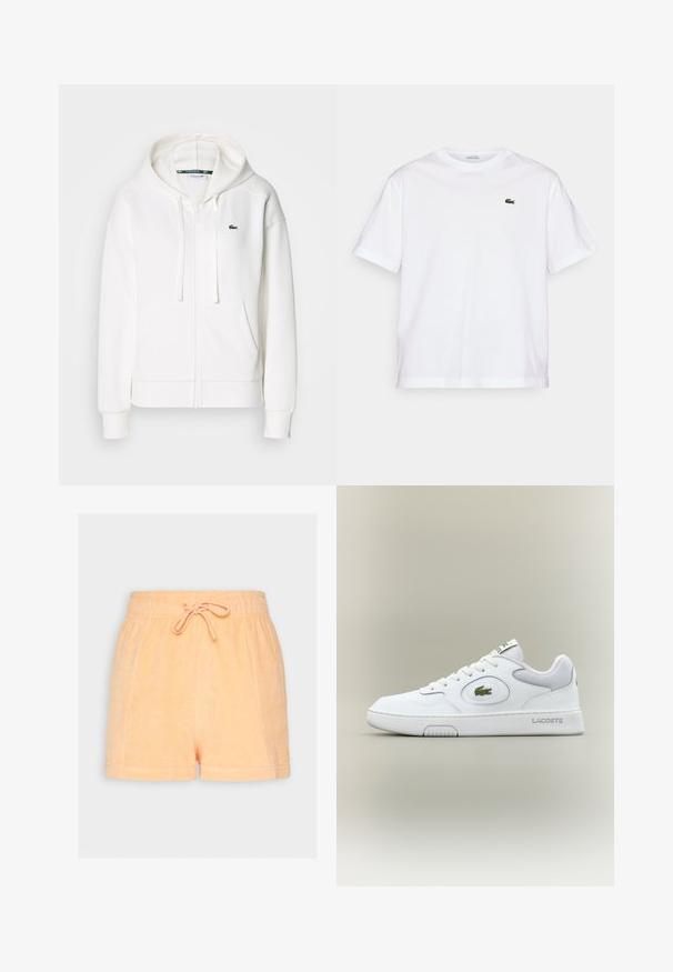 White zip-up hoodie made of soft fabric, featuring a hood, kangaroo pockets, and a small green Lacoste logo on the left chest.; White cotton T-shirt with a round neckline and short sleeves. Features a green embroidered logo on the chest. Soft texture, relaxed fit.; Peach-colored terry cloth shorts with an elastic waistband and drawstring. Features a soft texture and relaxed fit.; White leather sneaker with mesh accents, round toe, and flat laces. Features a green crocodile logo and "LACOSTE" branding on the heel.