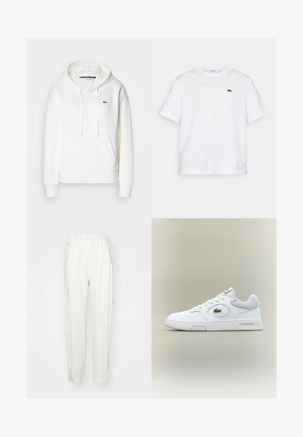 White zip-up hoodie made of soft fabric, featuring a hood, kangaroo pockets, and a small green Lacoste logo on the left chest.; White cotton T-shirt with a round neckline and short sleeves. Features a green embroidered logo on the chest. Soft texture, relaxed fit.; Cream-colored trousers with a drawstring waist, side pockets, and a loose fit. Made from a soft fabric, featuring a smooth texture.; White leather sneaker with mesh accents, round toe, and flat laces. Features a green crocodile logo and "LACOSTE" branding on the heel.