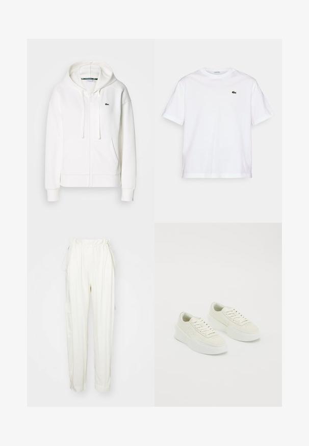Hvit zip-genser laget av myk stoff, med hette, kenguru-lommer og en liten grønn Lacoste-logo på venstre bryst.; Hvit bomull T-skjorte med rund hals og korte ermer. Har en grønn brodert logo på brystet. Myk tekstur, avslappet passform.; Kremfargede bukser med snøring i livet, sidelommer og løs passform. Laget av et mykt stoff med en glatt tekstur.; Hvide lavtoppede sneakers med tykke såler og snørebånd, der har perforeret detaljering på siderne og tåområdet, præsenteret på en hvid baggrund.