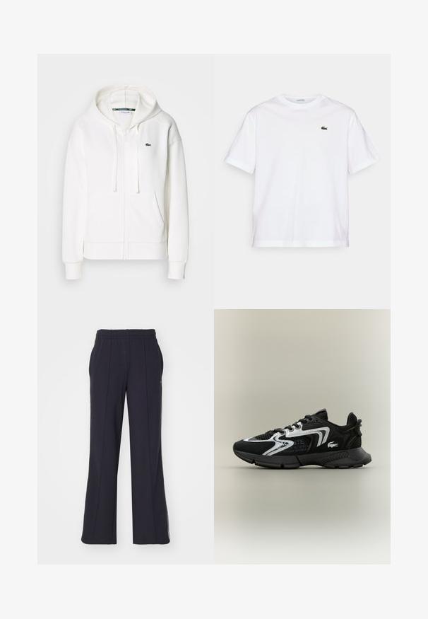 Biely zipsový mikina vyrobená z mäkkej tkaniny, s kapucňou, klokankovými vreckami a malým zeleným logom Lacoste na ľavej hrudi.; Biela bavlnená tričko s okrúhlym výstrihom a krátkymi rukávmi. Obsahuje zelené vyšívané logo na hrudi. Mäkka textúra, voľný strih.; Lacoste Tepláky - abysm; Čierne športové topánky s sieťovanými panelmi, striebornými akcentmi a textúrovanými čiernymi prekrytiami. Obsahujú šnúrky a zakrivenú, pevnú podrážku.