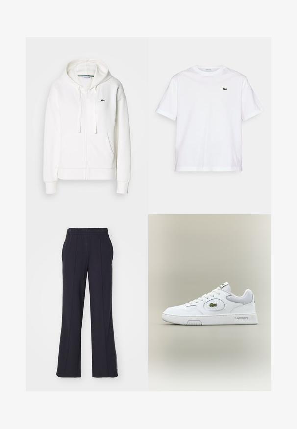Fehér cipzáras kapucnis pulóver, puha anyagból, kapucnival, kenguru zsebekkel és egy kis zöld Lacoste logóval a bal mellen.; Fehér pamut póló, kerek nyakkivágással és rövid ujjakkal. A mellkason zöld hímzett logóval rendelkezik. Puha tapintású, laza szabású.; Lacoste Tréningruha alsók - abysm; Fehér bőr sneaker hálós részletekkel, kerek orral és lapos fűzőkkel. Zöld krokodil logóval és "LACOSTE" felirattal a saroknál.