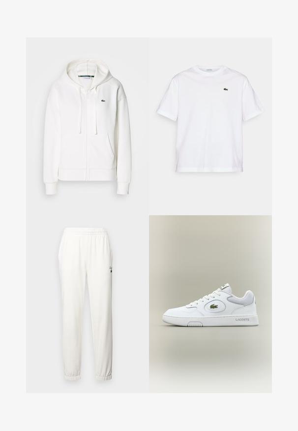Fehér cipzáras kapucnis pulóver, puha anyagból, kapucnival, kenguru zsebekkel és egy kis zöld Lacoste logóval a bal mellen.; Fehér pamut póló, kerek nyakkivágással és rövid ujjakkal. A mellkason zöld hímzett logóval rendelkezik. Puha tapintású, laza szabású.; Fehér melegítőnadrág, rugalmas derékkal, szűkítő mandzsettákkal és egy kis zöld logóval a bal combon. Puha, texturált anyagból készült.; Fehér bőr sneaker hálós részletekkel, kerek orral és lapos fűzőkkel. Zöld krokodil logóval és "LACOSTE" felirattal a saroknál.