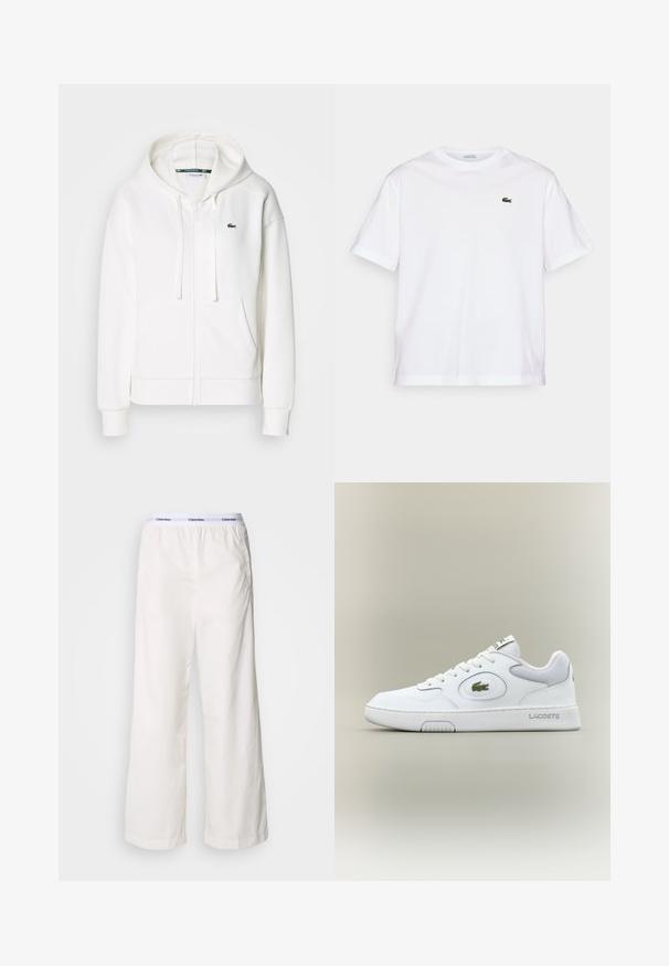 White zip-up hoodie made of soft fabric, featuring a hood, kangaroo pockets, and a small green Lacoste logo on the left chest.; White cotton T-shirt with a round neckline and short sleeves. Features a green embroidered logo on the chest. Soft texture, relaxed fit.; White wide-leg pants with an elastic waistband featuring a contrasting Calvin Klein logo. Made from smooth fabric, they offer a relaxed fit.; White leather sneaker with mesh accents, round toe, and flat laces. Features a green crocodile logo and "LACOSTE" branding on the heel.
