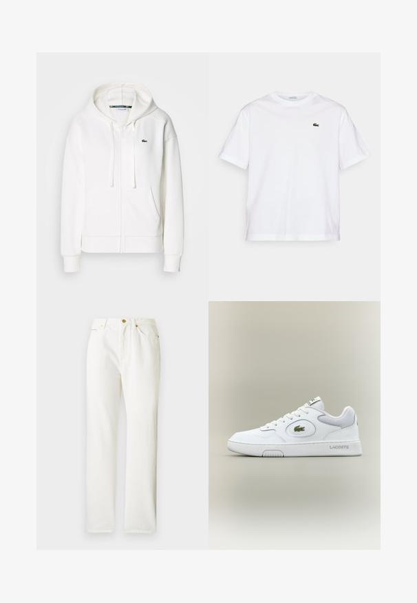 Felpa bianca con zip realizzata in tessuto morbido, dotata di cappuccio, tasche a marsupio e un piccolo logo verde di Lacoste sul lato sinistro del petto.; T-shirt bianco in cotone con scollo rotondo e maniche corte. Caratterizzato da un logo ricamato verde sul petto. Tessuto morbido, vestibilità comoda.; Pantaloni in denim bianco con design a gamba dritta, dotati di chiusura frontale con bottone e una leggera texture. Inclusi tasche laterali e hardware minimale.; Sneaker bianca in pelle con accenti in rete, punta tonda e lacci piatti. Presenta un logo in coccodrillo verde e il marchio "LACOSTE" sul tallone.
