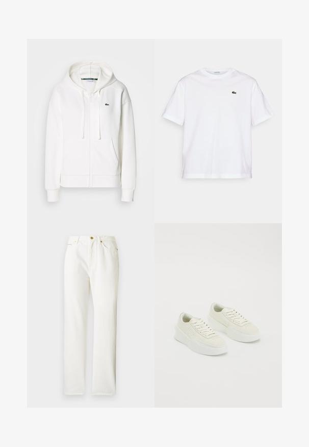 Valge lukuga kapuutsiga dressipluus, mis on valmistatud pehmest kangast. Sellel on kapuuts, konksukotid ja vasakul rinnal väike roheline Lacoste logo.; Valge puuvillane T-särk ümmarguse kaelusega ja lühikeste varrukatega. Rinnal on roheline tikandiga logo. Pehme tekstuur, vabalt langev lõige.; Valged teksased püksid sirge lõikega, millel on eesnuppude sulgemine ja kerge tekstuur. Külgedel on taskud ja minimaalne riistvara.; Valged madalaotsaga spordijalatsid paksude tallade ja paeltega, millel on perforatsioonid külgedel ja varvaste piirkonnas, esitledes valgel taustal.