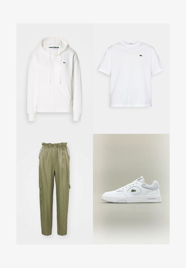 Witte zip-up hoodie gemaakt van zachte stof, met een capuchon, kangoeroezakken en een klein groen Lacoste-logo op de linkerborst.; Witte katoenen T-shirt met een ronde hals en korte mouwen. Bevat een groen geborduurd logo op de borst. Zachte textuur, losse pasvorm.; Olijfgroene cargobroek met een trekkoord en elastische tailleband, taps toelopende benen en een zijzak. Glad materiaal met een matte afwerking.; Witte leren sneaker met gaasaccenten, ronde neus en platte veters. Kenmerkt zich door een groen krokodillenlogo en "LACOSTE" branding op de hiel.