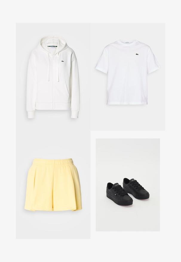 Balts zip-up kapuci džemperis, izgatavots no mīkstas auduma, ar kapuci, kangoru kabatām un mazu zaļu Lacoste logotipu kreisajā krūtī.; Balta kokvilnas T-kreklu ar apaļu kakla izgriezumu un īsām piedurknēm. Uz krūtīm ir zaļš izšūts logotips. Mīksta tekstūra, brīvi pieguļošs fasona.; Dzelteni plekti piecreizēti šorti, kas izgatavoti no mīksta auduma; elastīga jostasvieta; vaļīga piegriezums; gluda tekstūra; vidējas augstuma garums.; Melnas zemas sporta kurpes, izgatavotas no gludas auduma, ar biezām auklām, teksturētu zoli un mazu logotipu sānos un mēlītē.