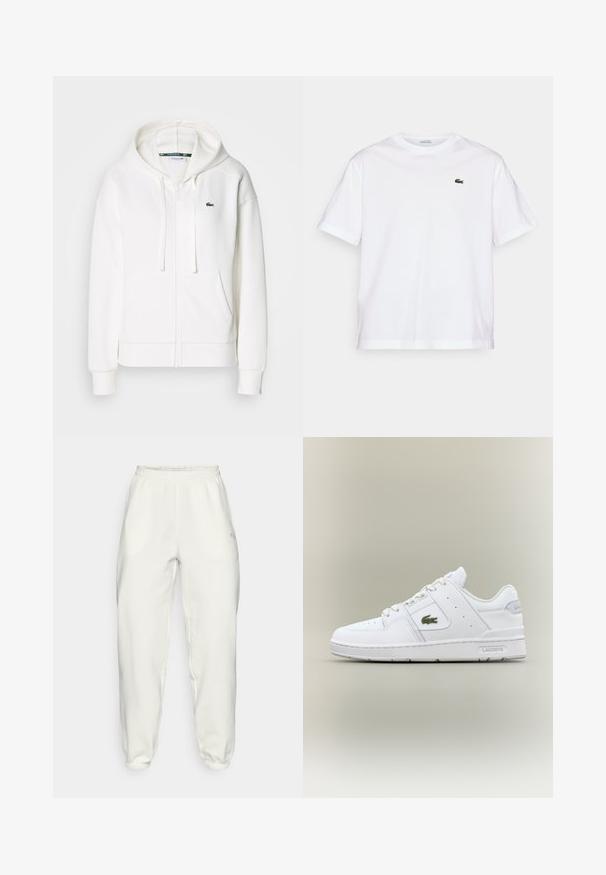 White zip-up hoodie made of soft fabric, featuring a hood, kangaroo pockets, and a small green Lacoste logo on the left chest.; White cotton T-shirt with a round neckline and short sleeves. Features a green embroidered logo on the chest. Soft texture, relaxed fit.; Light-colored, cotton blend jogger pants with an elastic waistband and cuffs. Features side pockets and a small logo on the hip.; White leather sneaker with a smooth texture, round toe, perforated details, a green crocodile logo, and "Lacoste" branding on the side.