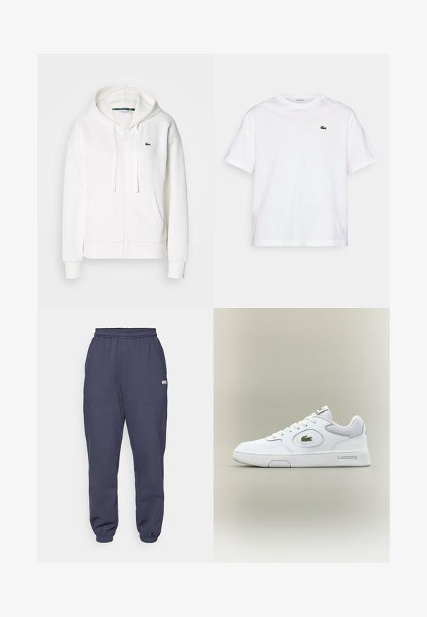 Sweatshirt branca com fecho éclair, feita de um tecido macio, com capuz, bolsos tipo canguru e um pequeno logótipo verde da Lacoste no lado esquerdo do peito.; T-shirt de algodão branco com decote redondo e mangas curtas. Apresenta um logotipo bordado verde no peito. Textura suave, ajuste relaxado.; Calças de treino azul-marinho feitas de material macio; apresentam uma cintura e punhos elásticos, com um pequeno rótulo na lateral.; Sapatilha de couro branco com detalhes em malha, bico redondo e atacadores planos. Apresenta um logo de crocodilo verde e a marca "LACOSTE" no calcanhar.