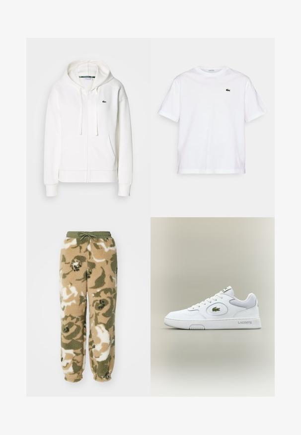 Valkoinen vetoketjuhuppari, joka on valmistettu pehmeästä kankaasta. Tässä hupparissa on huppu, kengurupocketit ja pieni vihreä Lacosten logo vasemmalla rinnalla.; Valkoinen puuvillainen T-paita, jossa on pyöreä pääntie ja lyhyet hihat. Rintataskussa vihreä brodeerattu logo. Pehmeä rakenne, rento istuvuus.; Fleece-joggerit, joissa on naru vyötäröllä. Ominaisuuksina kamuflaažikuosi beigen, vihreän ja valkoisen sävyissä. Pehmeä ja tekstuuri materiaali.; Valkoinen nahkainen tennari verkkokudoksilla, pyöreällä kärjellä ja tasaisilla nauhoilla. Varustettu vihreällä krokotiililogolla ja "LACOSTE" -brändillä kantapäässä.