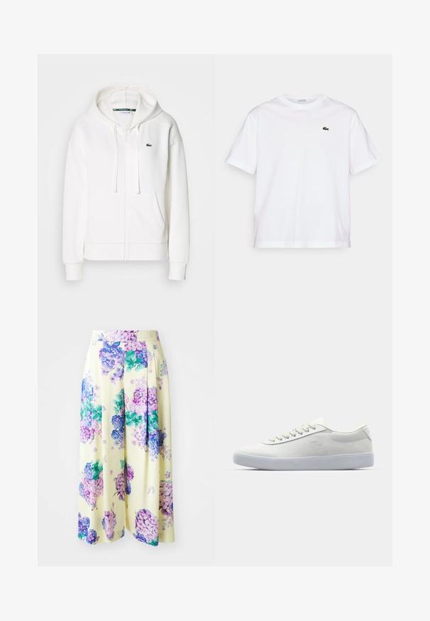Witte zip-up hoodie gemaakt van zachte stof, met een capuchon, kangoeroezakken en een klein groen Lacoste-logo op de linkerborst.; Witte katoenen T-shirt met een ronde hals en korte mouwen. Bevat een groen geborduurd logo op de borst. Zachte textuur, losse pasvorm.; Marc Cain Broek - bright vanilla; Lacoste witte sneaker met een gladde leren bovenkant, platte veters, een gevoerde kraag en een gestructureerde rubberen zool. Subtiel logo aan de zijkant.