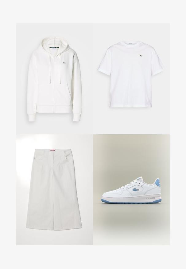 Fehér cipzáras kapucnis pulóver, puha anyagból, kapucnival, kenguru zsebekkel és egy kis zöld Lacoste logóval a bal mellen.; Fehér pamut póló, kerek nyakkivágással és rövid ujjakkal. A mellkason zöld hímzett logóval rendelkezik. Puha tapintású, laza szabású.; Fehér, bőszárú pamut nadrág, két elülső zsebbel, sima textúrával és egyenes, rejtett záródású derékkal.; Fehér Lacoste sportcipő világoskék részletekkel, fűzős elejével, és márkázott krokodil logóval az oldalon és a sarkán, semleges háttérben izolálva.