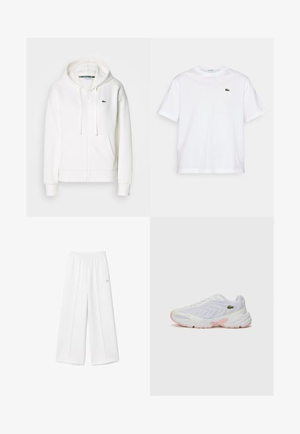Biała bluza z kapturem na zamek, wykonana z miękkiego materiału, z kapturem, kieszeniami typu kangur i małym zielonym logo Lacoste na lewym piersi.; Biała bawełniana koszulka z okrągłym dekoltem i krótkimi rękawami. Posiada zielone haftowane logo na piersi. Miękka tekstura, luźny krój.; Białe szerokie spodnie z elastycznym pasem, miękka struktura materiału, centralne fałdy oraz małe logo Lacoste wyszyte z boku.; Białe buty sportowe z teksturowaną siateczką, subtelnymi różowymi akcentami na podeszwie oraz zielonym logo krokodyla po boku.