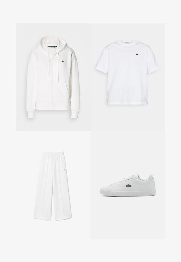 Sweatshirt branca com fecho éclair, feita de um tecido macio, com capuz, bolsos tipo canguru e um pequeno logótipo verde da Lacoste no lado esquerdo do peito.; T-shirt de algodão branco com decote redondo e mangas curtas. Apresenta um logotipo bordado verde no peito. Textura suave, ajuste relaxado.; Calças largas brancas com cintura elástica, textura de tecido suave, pregas centrais e um pequeno logo da Lacoste bordado na lateral.; Sapatilha de couro branca com bico arredondado, design de atacadores, logótipo de crocodilo bordado em verde e sola de borracha texturizada.