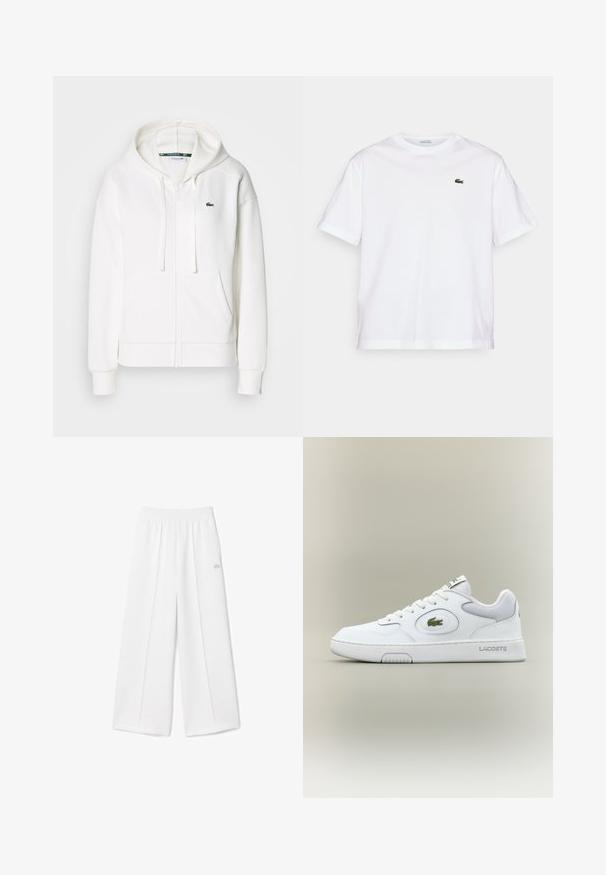 Witte zip-up hoodie gemaakt van zachte stof, met een capuchon, kangoeroezakken en een klein groen Lacoste-logo op de linkerborst.; Witte katoenen T-shirt met een ronde hals en korte mouwen. Bevat een groen geborduurd logo op de borst. Zachte textuur, losse pasvorm.; Witte wijde broek met een elastische tailleband, zachte stofstructuur, centrale plooien en een klein geborduurd Lacoste-logo aan de zijkant.; Witte leren sneaker met gaasaccenten, ronde neus en platte veters. Kenmerkt zich door een groen krokodillenlogo en "LACOSTE" branding op de hiel.