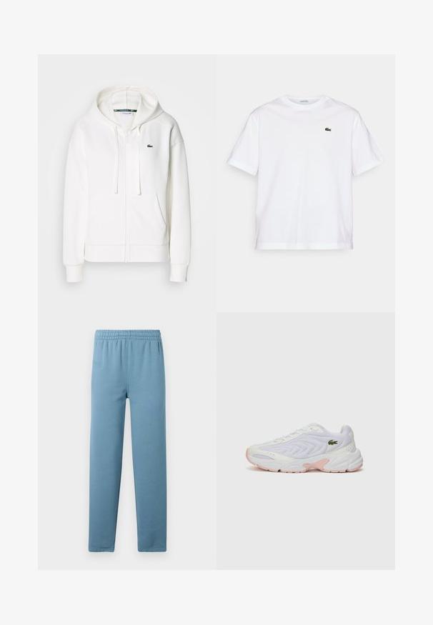 Witte zip-up hoodie gemaakt van zachte stof, met een capuchon, kangoeroezakken en een klein groen Lacoste-logo op de linkerborst.; Witte katoenen T-shirt met een ronde hals en korte mouwen. Bevat een groen geborduurd logo op de borst. Zachte textuur, losse pasvorm.; Lichtblauwe sweatpants van zachte stof met een elastische tailleband, taps toelopende benen en een subtiele merklogo dat op de voorkant is geperst.; Witte sportieve schoenen met een gestructureerde mesh bovenwerk, subtiele roze accenten op de zool en een groene krokodil logo op de zijkant.