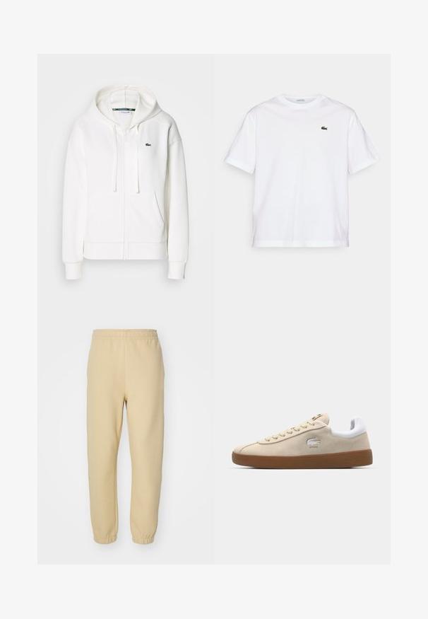 Witte zip-up hoodie gemaakt van zachte stof, met een capuchon, kangoeroezakken en een klein groen Lacoste-logo op de linkerborst.; Witte katoenen T-shirt met een ronde hals en korte mouwen. Bevat een groen geborduurd logo op de borst. Zachte textuur, losse pasvorm.; Beige joggings met elastische tailleband en boorden, met een gladde textuur en recht model. Geen zakken of zichtbare versieringen.; Beige suède sneakers met een witte leren hiel en rubberen gumzool. Beschikt over veters en een krokodillologo aan de zijkant. Eenvoudig design.