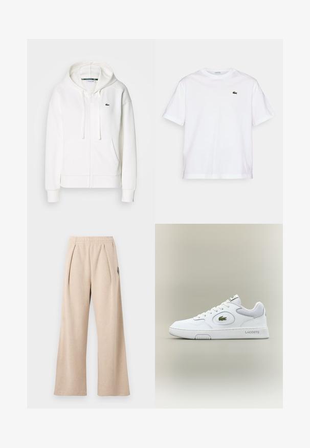 Balta užtrauktuku uždaroma hoodie pagaminta iš minkštos medžiagos, su kapišonu, kengūros kišenėmis ir mažuoju žaliuoju Lacoste logotipu kairėje krūtinės pusėje.; Balta medvilninė marškinė su apvalia iškirpte ir trumpomis rankovėmis. Pirmoje pusėje priklijuotas žalias siuvinėtas logotipas. Minkšta tekstūra, laisvas siluetas.; Plonos audinio, smėlio spalvos plačiomis kojomis kelnės, su priekine klostėmis ir elastine juosmens juosta. Papildytos subtiliu logotipo akcentu.; Balti odiniai sportbačiai su tinkliniu akcentu, apvaliu nosiu ir plokščiomis raištelėmis. Ant kulno yra žalias krokodilo logotipas ir "LACOSTE" prekės ženklas.