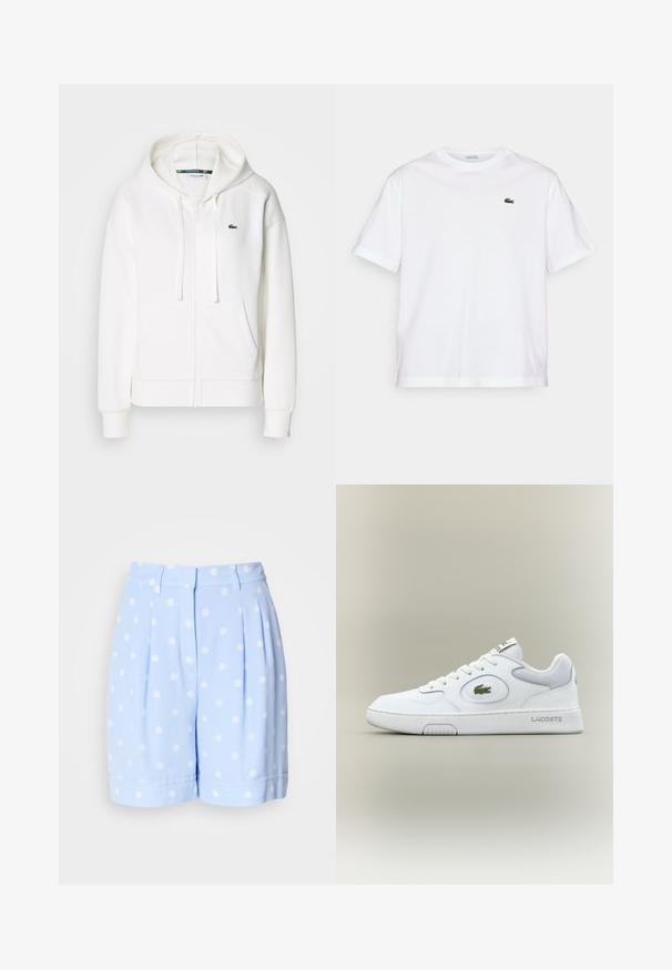 Fehér cipzáras kapucnis pulóver, puha anyagból, kapucnival, kenguru zsebekkel és egy kis zöld Lacoste logóval a bal mellen.; Fehér pamut póló, kerek nyakkivágással és rövid ujjakkal. A mellkason zöld hímzett logóval rendelkezik. Puha tapintású, laza szabású.; Világoskék, sima anyagból készült nadrág short, fehér pöttyökkel, elülső redőkkel és felgöngyölt szegélyekkel. Szabott derékpánt övhurkokkal.; Fehér bőr sneaker hálós részletekkel, kerek orral és lapos fűzőkkel. Zöld krokodil logóval és "LACOSTE" felirattal a saroknál.