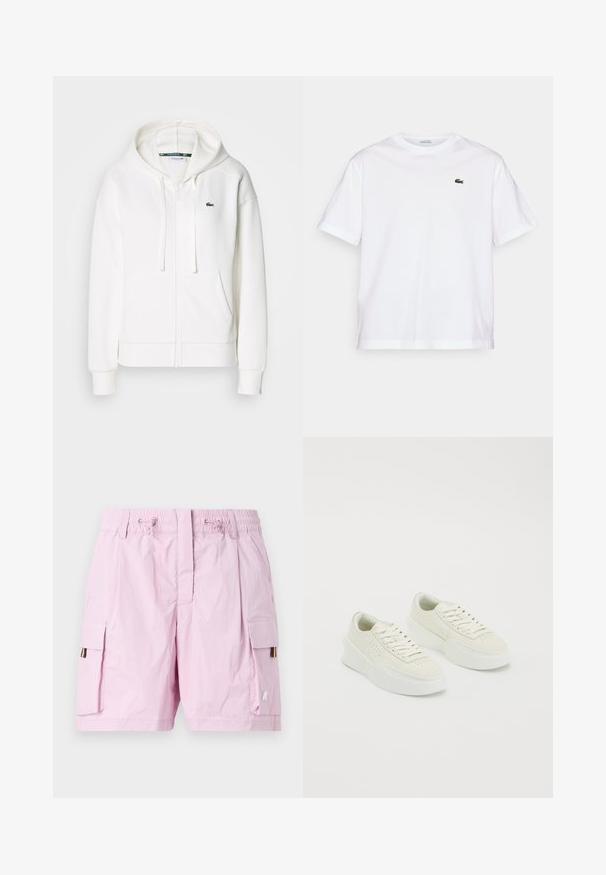 Weißer Reißverschluss-Hoodie aus weichem Stoff, mit Kapuze, Kängurutaschen und einem kleinen grünen Lacoste-Logo auf der linken Brust.; Weißes Baumwoll-T-Shirt mit rundem Halsausschnitt und kurzen Ärmeln. Mit grün gesticktem Logo auf der Brust. Weiche Textur, lässige Passform.; Helle rosa Cargo-Shorts mit elastischem Bund, ausgestattet mit zwei seitlichen Taschen und einem mehrfarbigen Etikett auf der linken Seite. Glatte Textur.; Weiße Low-Top-Sneaker mit dicken Sohlen und Schnürsenkeln, versehen mit durchbrochenen Details an den Seiten und im Zehenbereich, auf einem weißen Hintergrund präsentiert.