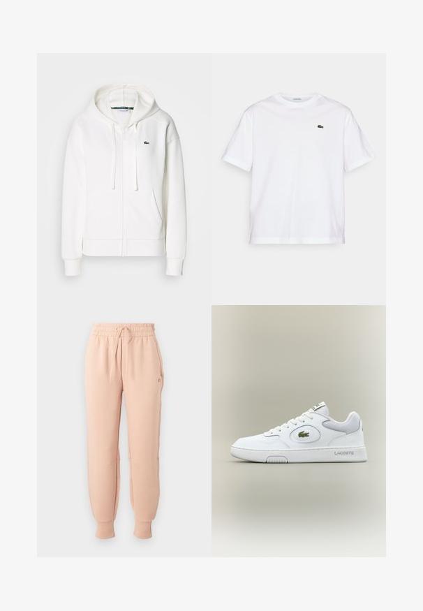 Hanorac alb cu fermoar, realizat dintr-un material moale, având glugă, buzunare tip cangur și un mic logo verde Lacoste pe partea stângă a pieptului.; Tricou alb din bumbac, cu gât rotund și mâneci scurte. Prezintă un logo brodat verde pe piept. Textură moale, croială lejeră.; Pantaloni de trening roz deschis, cu un elastic la talie și șnur ajustabil, având manșete conice și buzunare laterale, realizați dintr-un material moale.; Adidași din piele albă cu accente din plasă, vârf rotund și șireturi plate. Prezintă un logo de crocodil verde și branding "LACOSTE" pe călcâi.