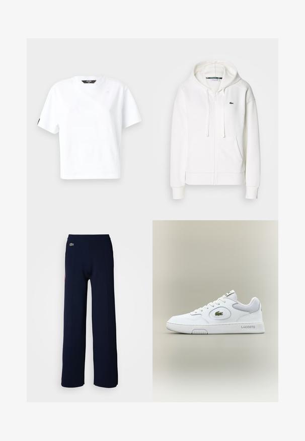 Balta užtrauktuku uždaroma hoodie pagaminta iš minkštos medžiagos, su kapišonu, kengūros kišenėmis ir mažuoju žaliuoju Lacoste logotipu kairėje krūtinės pusėje.; Baltos medvilnės marškinėliai, trumpomis rankovėmis, apvaliu kaklu, su mažu logotipu priekyje ir juodu akcentu ant kairės rankovės.; Tamsiai mėlynos platėjančios kelnės su minkšta tekstūra, turinčios raiščio juostos ir mažo žalio logotipo priekyje, pabrėžiančios švarų dizainą.; Balti odiniai sportbačiai su tinkliniu akcentu, apvaliu nosiu ir plokščiomis raištelėmis. Ant kulno yra žalias krokodilo logotipas ir "LACOSTE" prekės ženklas.