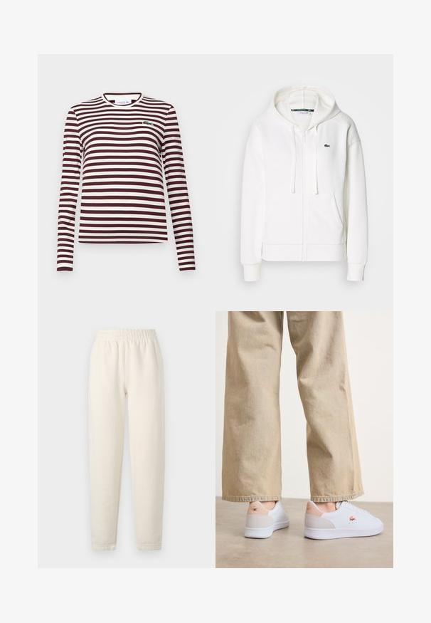 Valge lukuga kapuutsiga dressipluus, mis on valmistatud pehmest kangast. Sellel on kapuuts, konksukotid ja vasakul rinnal väike roheline Lacoste logo.; Lacoste Pikkade varrukatega topp - expresso, flour; Kreemjatavad dressipüksid pehmest kangast. Omavad elastset vööd ja kitsenevat jala disaini koos peente õmblusteadetega.; Valged tossud sileda nahkviimistlusega, millel on heelil beež zamš. Koos heledate beežide pükstega.