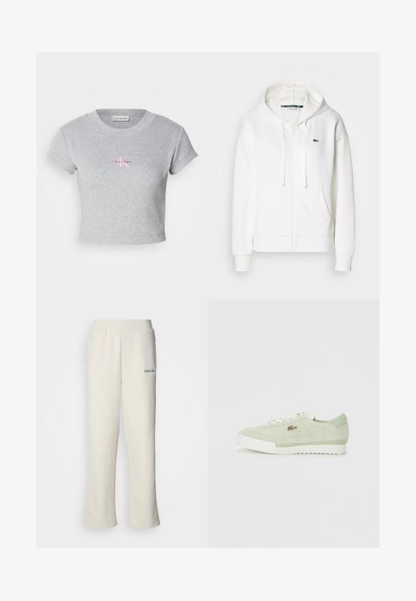 Valkoinen vetoketjuhuppari, joka on valmistettu pehmeästä kankaasta. Tässä hupparissa on huppu, kengurupocketit ja pieni vihreä Lacosten logo vasemmalla rinnalla.; Harmaa lyhythihainen t-paita, joka on valmistettu puuvillasta ja jossa on ribbikuviointi. Edessä näkyy vaaleanpunainen Calvin Klein -logo.; Calvin Klein vaaleat housut, joissa on löysä malli, joustava vyötärö ja pieni vihreä logo vasemmalla puolella. Pehmeä, sileä rakenne.; Vaaleanvihreä mokkakengät, joissa on valkoinen pohja ja nauhat, matala malli ja pieni metallilogo sivussa.