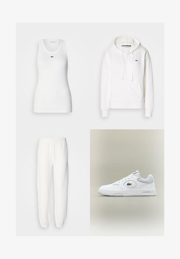 White zip-up hoodie made of soft fabric, featuring a hood, kangaroo pockets, and a small green Lacoste logo on the left chest.; White sleeveless tank top with a round neckline and ribbed texture. Features a small green Lacoste crocodile logo on the chest.; White sweatpants made of soft, knitted fabric. Elastic waistband and cuffs provide a relaxed fit. Minimalist design, no visible patterns or accents.; White leather sneaker with mesh accents, round toe, and flat laces. Features a green crocodile logo and "LACOSTE" branding on the heel.