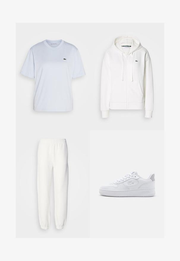 Hanorac alb cu fermoar, realizat dintr-un material moale, având glugă, buzunare tip cangur și un mic logo verde Lacoste pe partea stângă a pieptului.; Lacoste Tricou basic - phoenix blue; Pantaloni de trening albi dintr-un material tricotat moale. Talie și manșete elastice pentru un confort sporit. Design minimalist, fără modele sau accente vizibile.; Adidașii albi sport cu un superior din piele netedă, vârf rotund și sistem de închidere cu șireturi. Prezintă un logo embossat și un accent gri pe călcâi. Talpă din cauciuc plat.