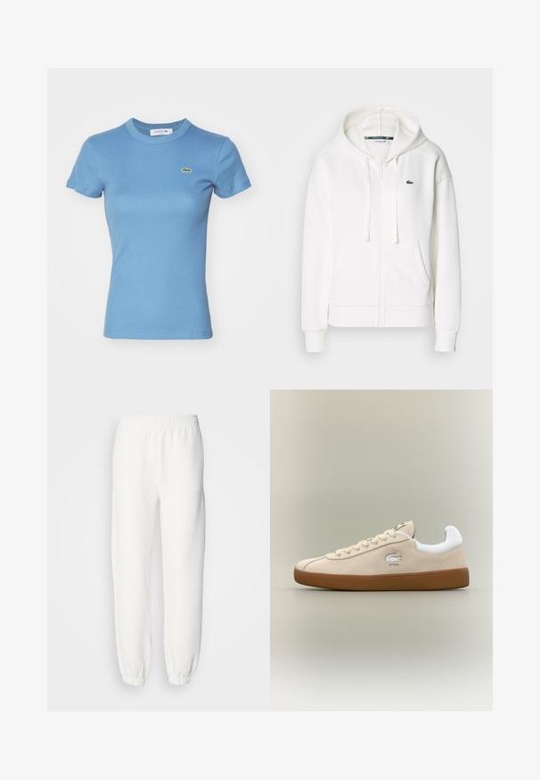 Bela zip-up kapuca iz mehkega materiala, z kapuco, kenguru žepi in majhnim zelenim Lacoste logotipom na levi strani prsnega koša.; Svijetloplava rebrasta majica s kratkim rukavima i prilagođenim dizajnom. Ima mali zeleni Lacoste logo na prsima.; Bele trenerke iz mehke pletene tkanine. Elastičen pas in manšete zagotavljajo sproščen fit. Minimalističen dizajn, brez vidnih vzorcev ali poudarkov.; Bež usnjeni športni copati z belimi poudarki in gumijastim podplatom. Imajo izbočeno logotip na strani in kontrastne bež vezalke. Klasična zasnova.