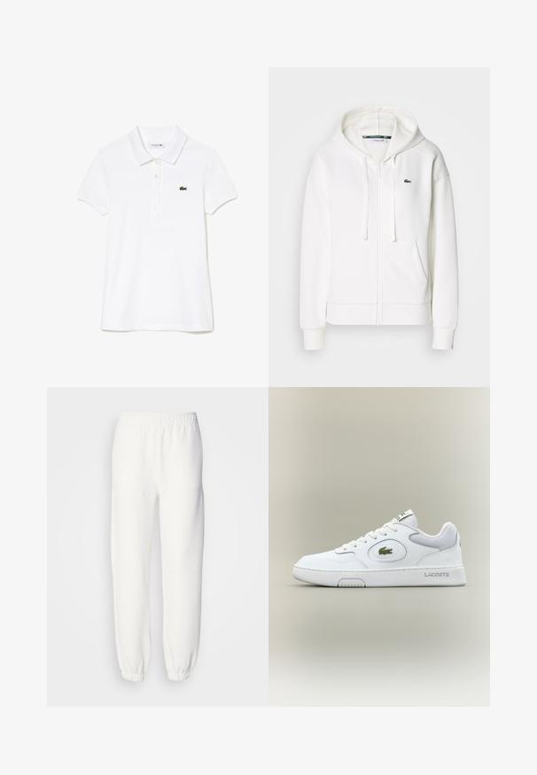 Sudadera blanca con cremallera hecha de tela suave, que cuenta con una capucha, bolsillos tipo canguro y un pequeño logo verde de Lacoste en el lado izquierdo del pecho.; Camisa polo blanca hecha de algodón, con un cuello clásico, tapeta de tres botones y un logo verde de Lacoste en el lado izquierdo del pecho.; Pantalones de chándal blancos hechos de un suave tejido de punto. La cintura y los puños elásticos ofrecen un ajuste relajado. Diseño minimalista, sin patrones o acentos visibles.; Zapatilla blanca de cuero con detalles de malla, punta redonda y cordones planos. Presenta un logo de cocodrilo verde y la marca "LACOSTE" en el talón.